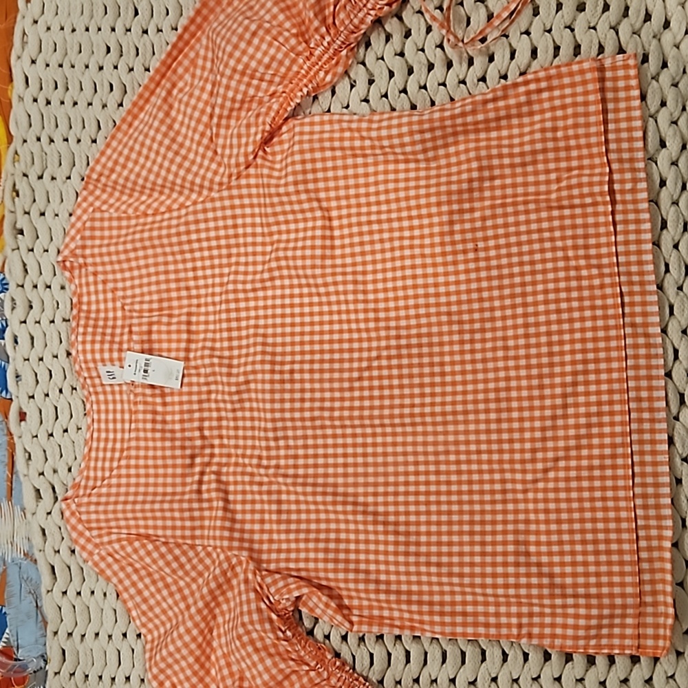 Gap woman's long sleeve blouse , checkered orange and white, size large